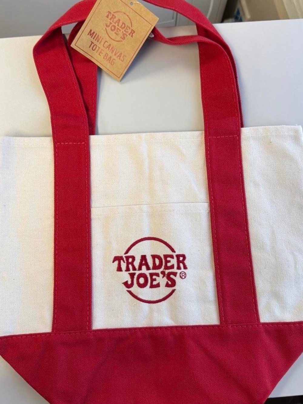 Trader Joe's Red and Cream Canvas Tote